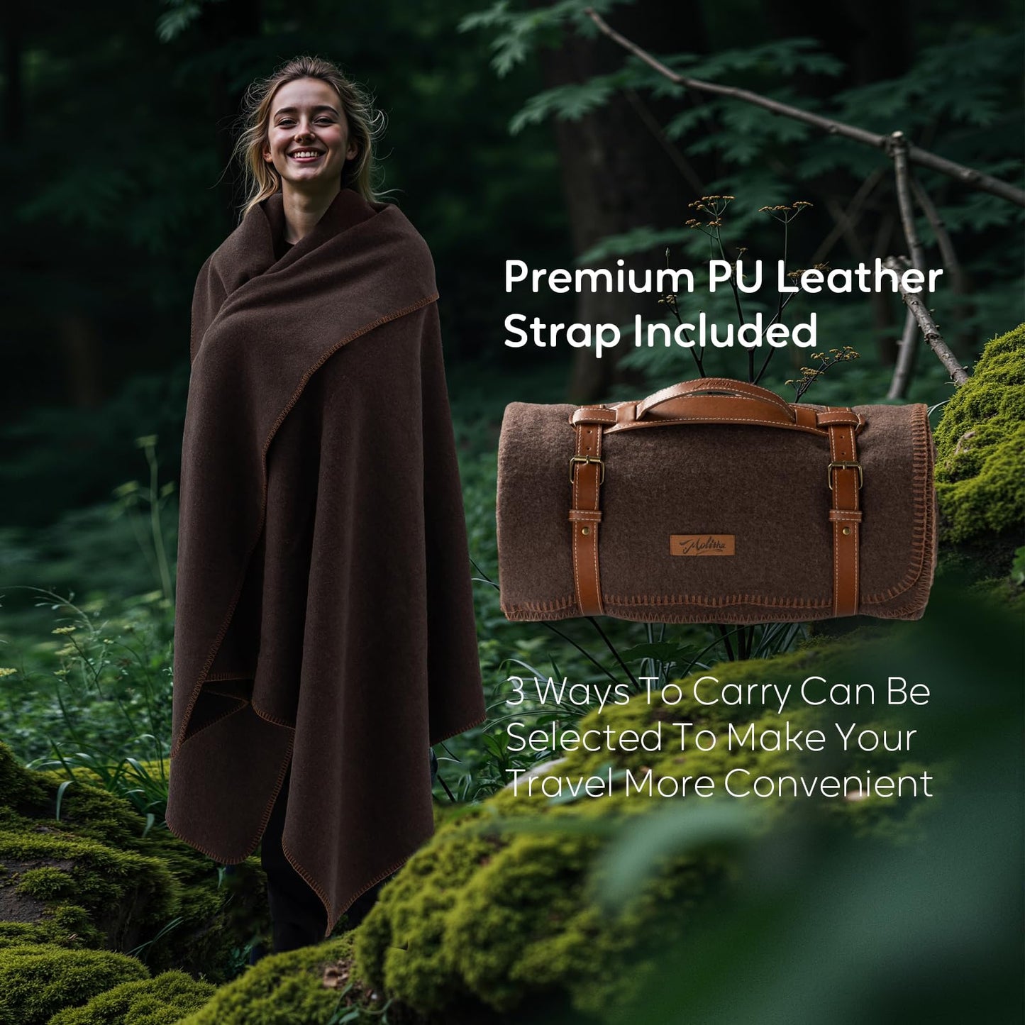 Molithe 100% Wool Blanket, 62" x 86", Warm, Thick, Washable, Military Wool Blanket, Great for Camping, Outdoors, Sporting Events, Survival Kits, Brown