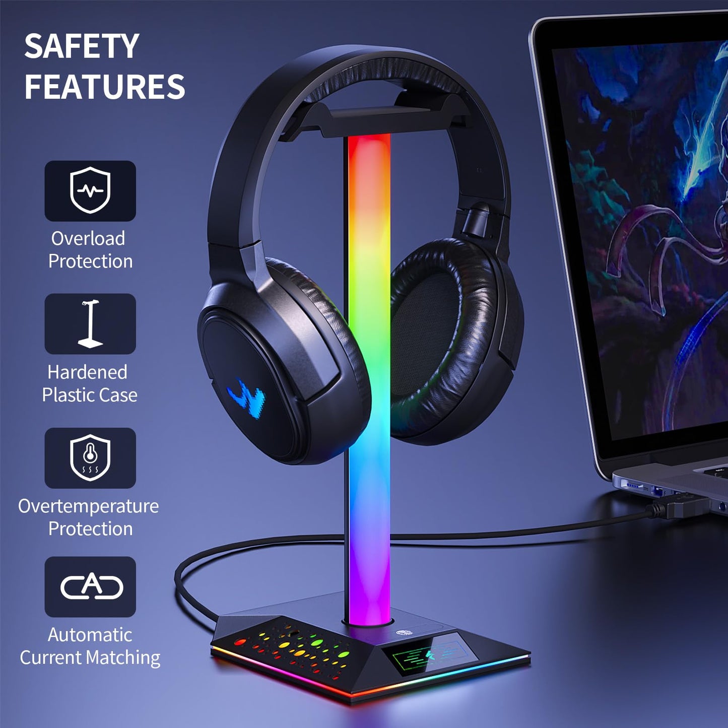 Xergur Gaming Headphone Stand PC Accessories - RGB Headset Stand with 2 USB Charger, Cool LED Headphone Holder PC Gaming Accessories for Boys Men Gamers, Computer Game Hardware for Desk