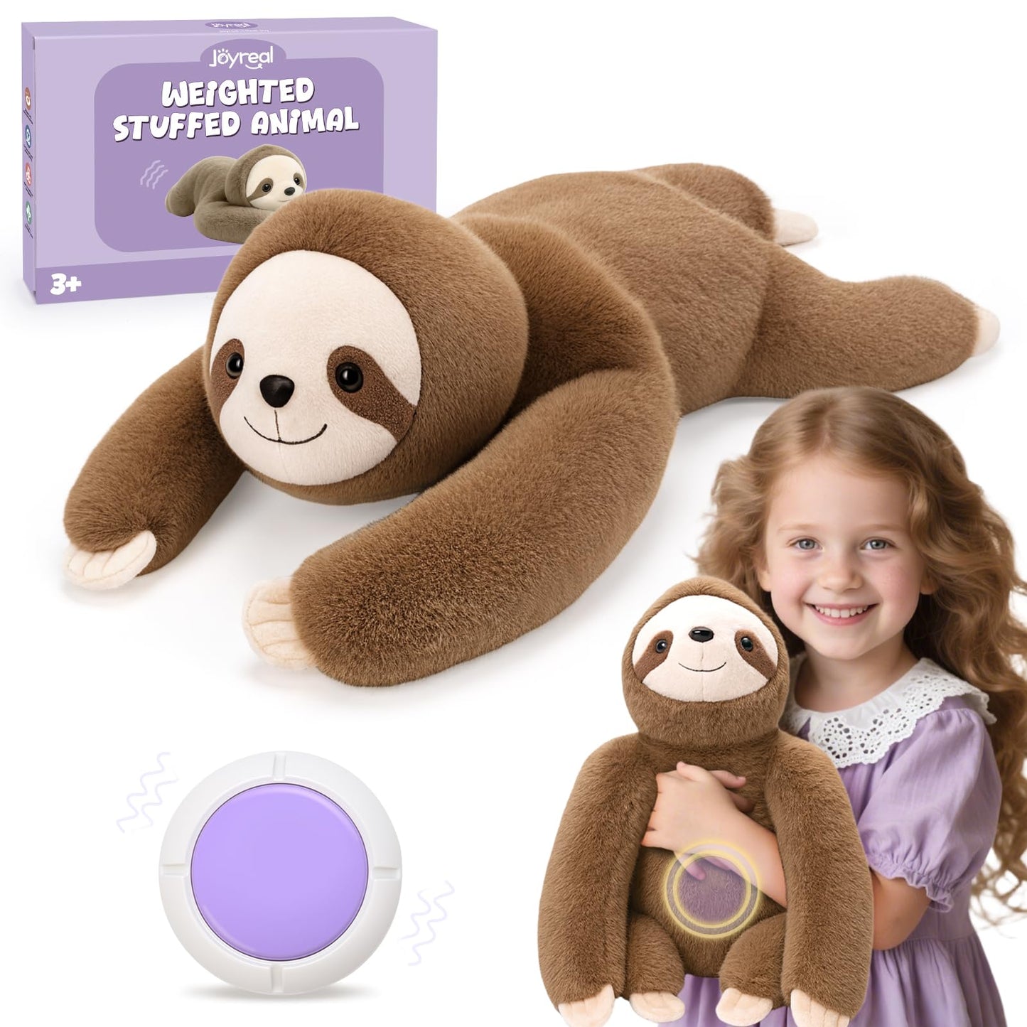Joyreal Sloth Sensory Weighted Vibrating Pillow, Pressure Activated for Kids Adults, Plush Minky Soft Size: 11 by 21 inches Pillow Animal for Gift Birthday