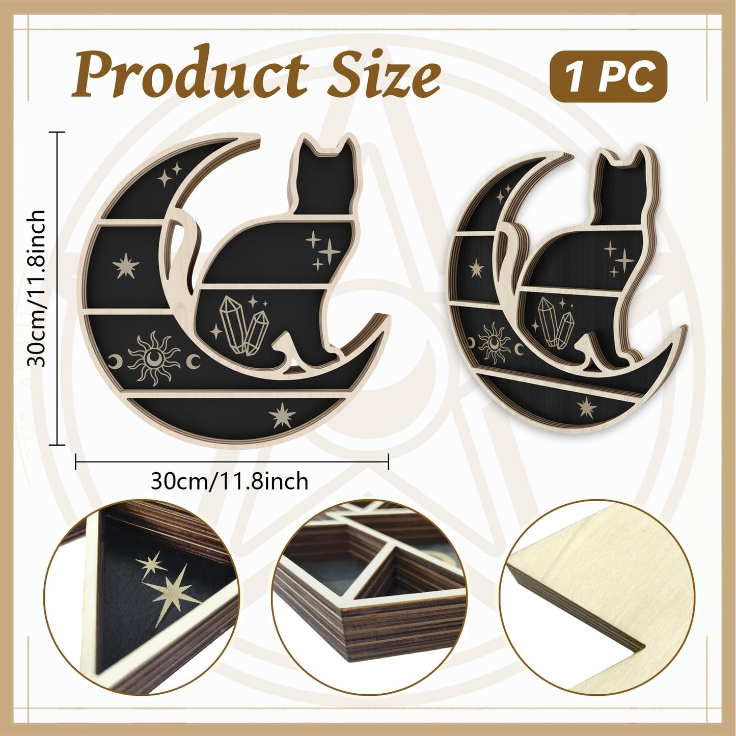 peacoblue Moon and Cat Shaped Crystal Display Shelf 11.1" L× 11.8" W× 1.2" Wooden Wall Mounted Decor for Crystals, Gemstones & Trinkets for Bohemian, Witchy & Modern Interiors