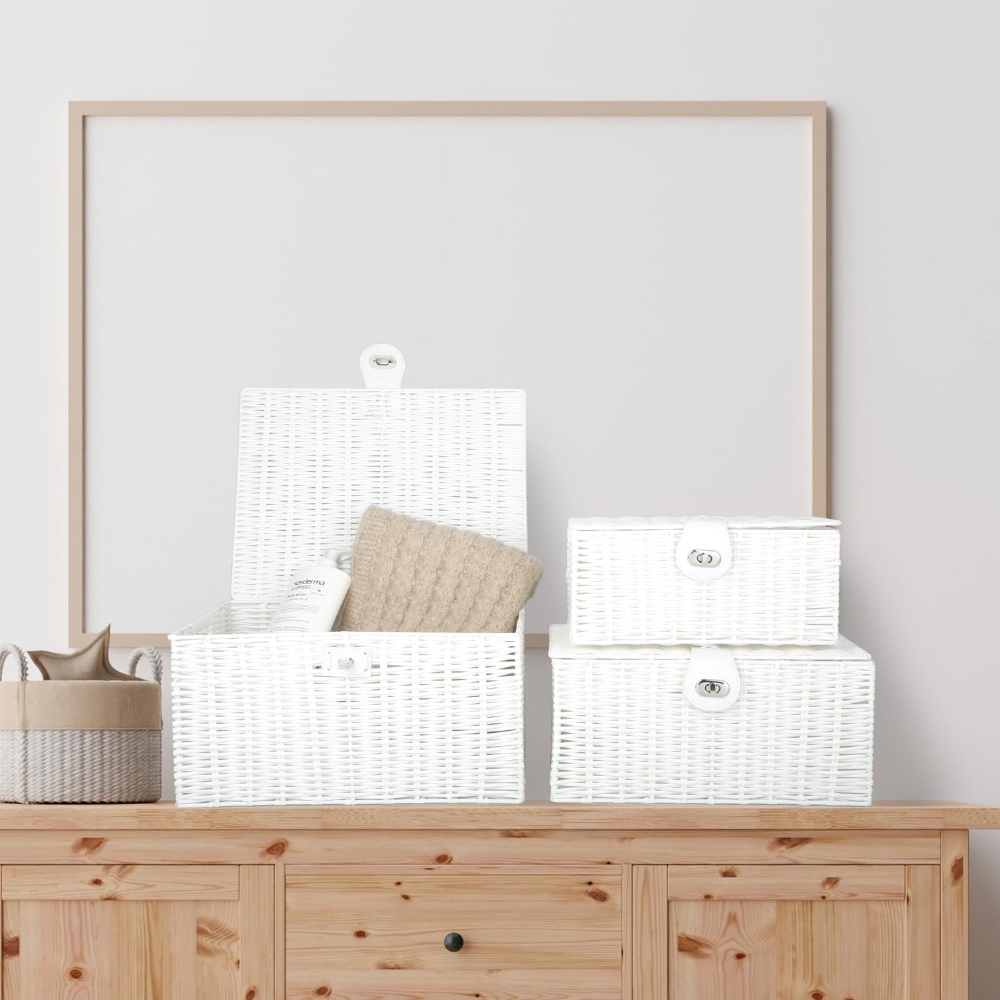 Honygebia White Wicker Storage Baskets - Set of 3 Decorative Nesting Boxes with Lids, Woven Basket with Lock & Handle, Organizer for Beauty Makeup Bathroom Decor