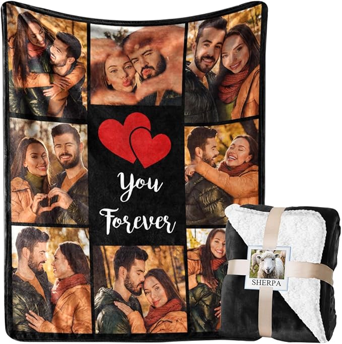 Custom Blanket with Picture Personalized Sherpa Fleece Throw Blanket - Thick and Warm Fuzzy Plush Blanket - Customized Valentines Day Gifts for Couple Girlfriend Boyfriend