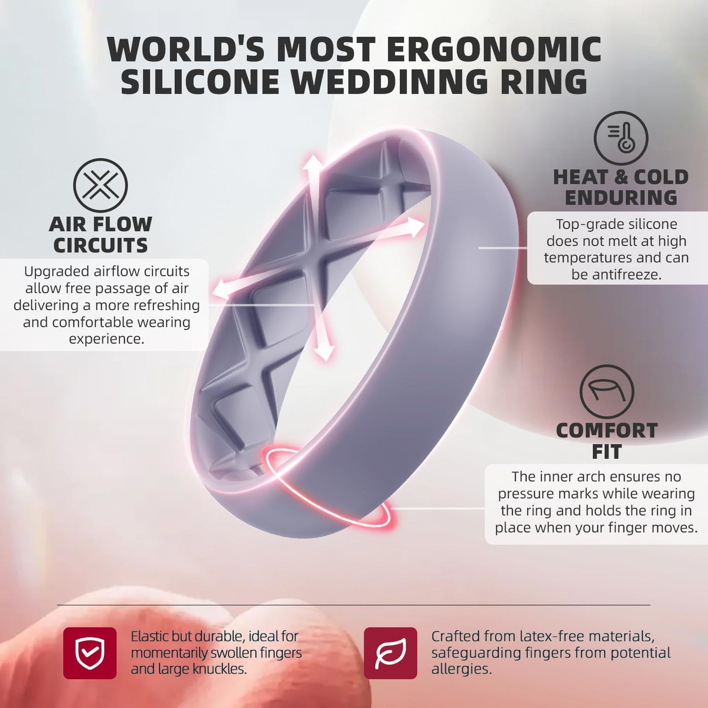 Egnaro Women's Engagement Rings, Silicone Inner Arc Ergonomic Breathable Design with half sizes, Rubber Wedding Band Rings，5.5mm Wide-2mm Thick