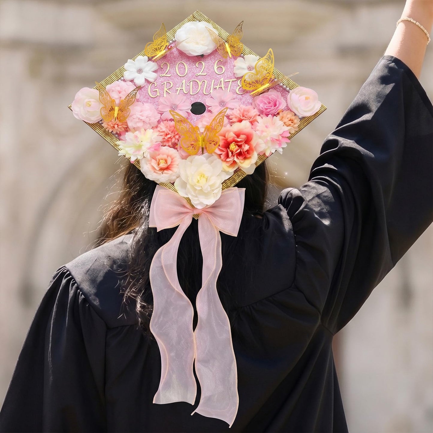 Harsever 48Pcs Graduation Cap Decorations DIY Kit,Grad Cap Decorations Decor with Faux Flower 3D Butterfly Rhinestones Alphabet Letter Stickers for DIY Graduation Party Supplies (Pink)