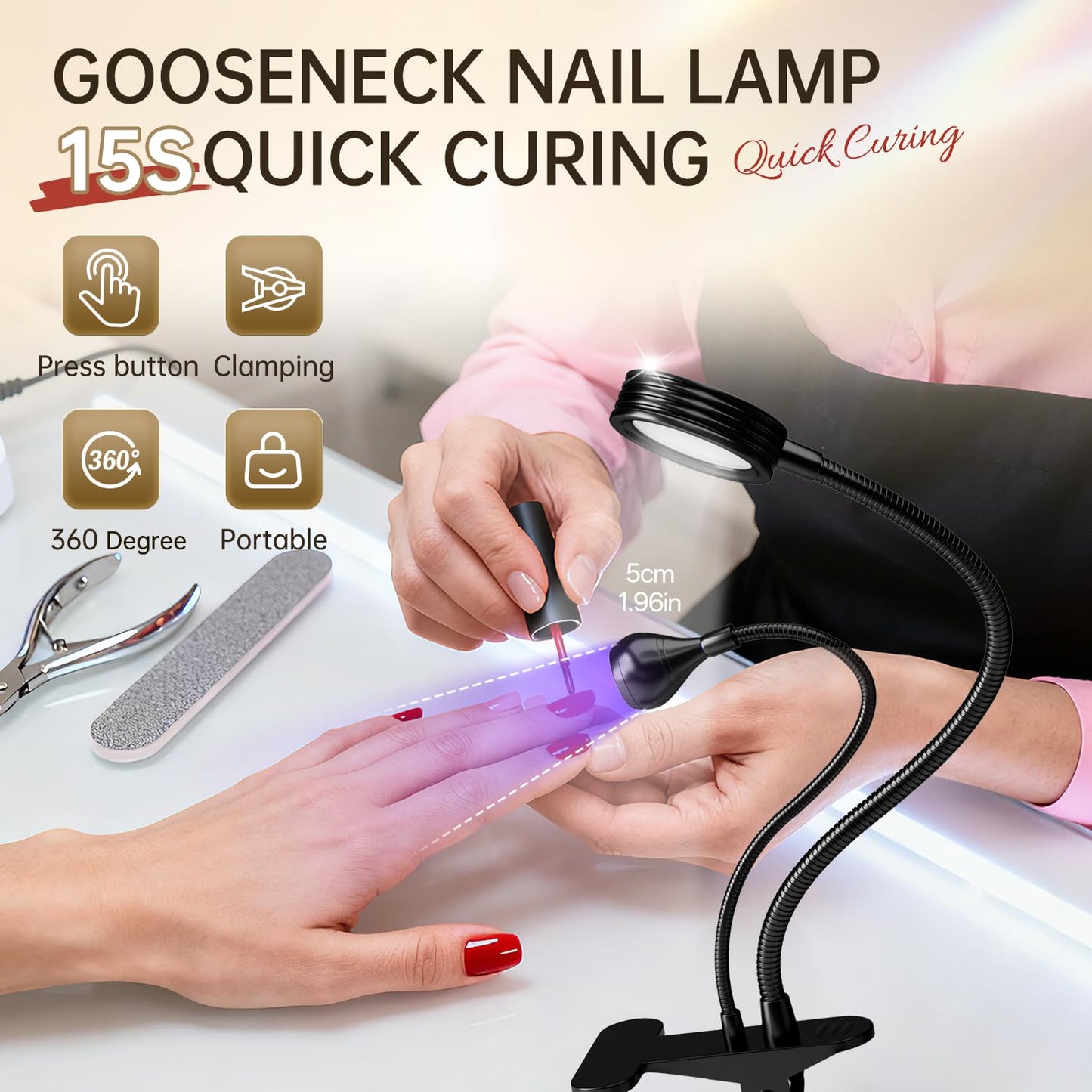 AORAEM LED Nail Lamp Double-Headed U V LED Light Quicky-Dry Nail Manicure Dryer Curing Light with Portable Gooseneck and Clamp Flash Cure U V Light for Gel Nails Professional Home DIY Salon Black