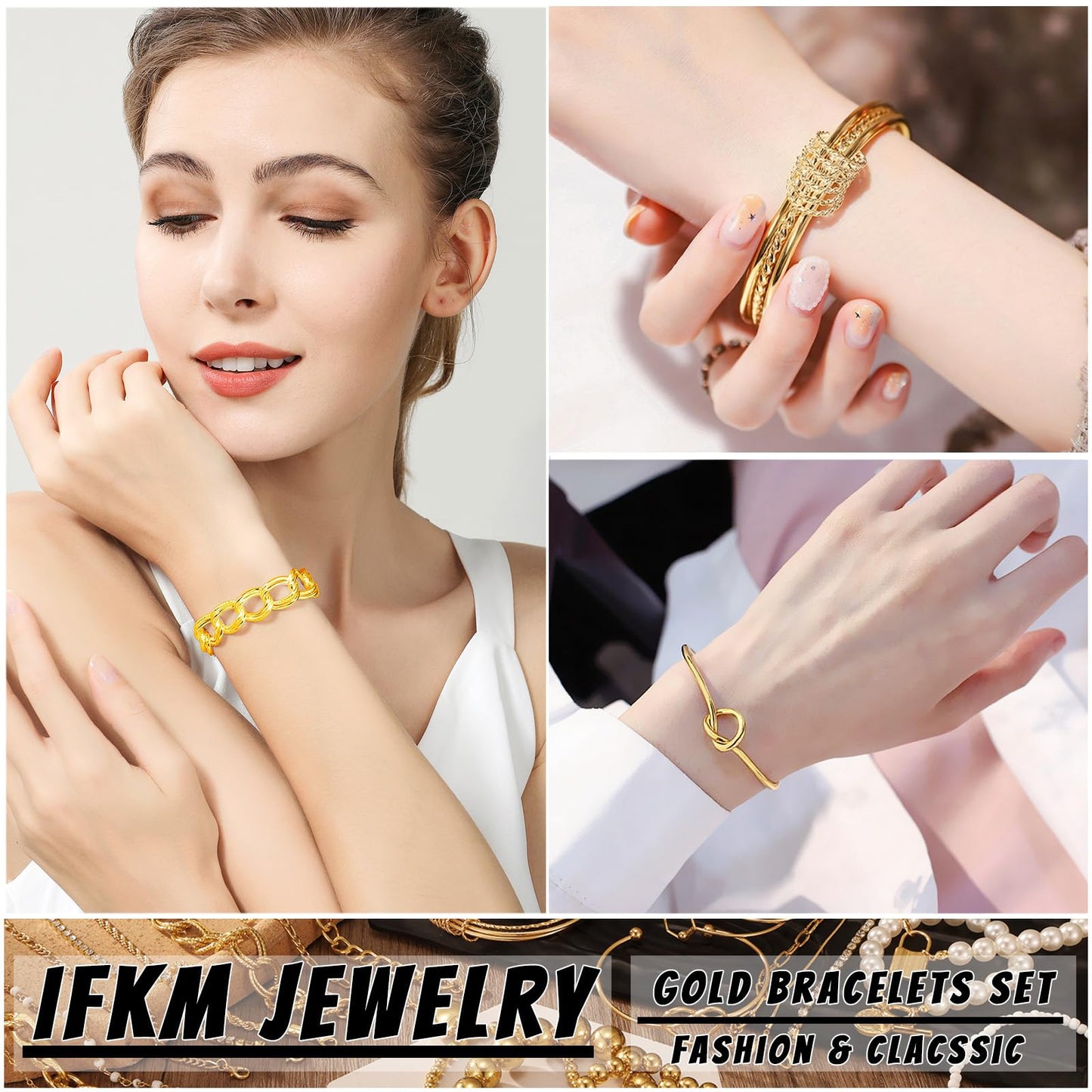 IFKM 6 PACK (28 PCS) Gold Chain Bracelets Set for Women, 14K Gold Plated Multiple Layered Stackable Open Cuff Bangle Bracelet Anklet Adjustable Link Tennis Beads Italian Cuban Jewelry for Women Gift