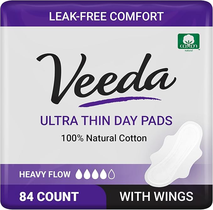 Veeda Natural Cotton Day Pads for Women - Heavy Flow Absorbent Ultra-Thin Feminine Pads with Wings - Hypoallergenic Period pads - Unscented & Chlorine free Sanitary Napkins - 84 Count