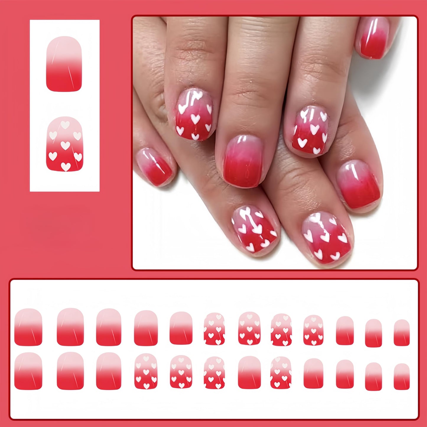 24Pcs Valentine's Heart Press on Nails Short Square Fake Nails with Red Gradient White Heart Designs Holiday Glue on Nails Acrylic Nails Glossy Cute Artificial Nails False Nails for Women Girls