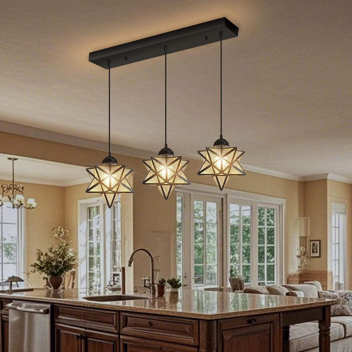 Modern Farmhouse Glam Chandelier Dining Room Glass Star Pendants Light Fixture Kitchen Island LED Ceiling Hanging Lights Included Warm Light Bulbs Black