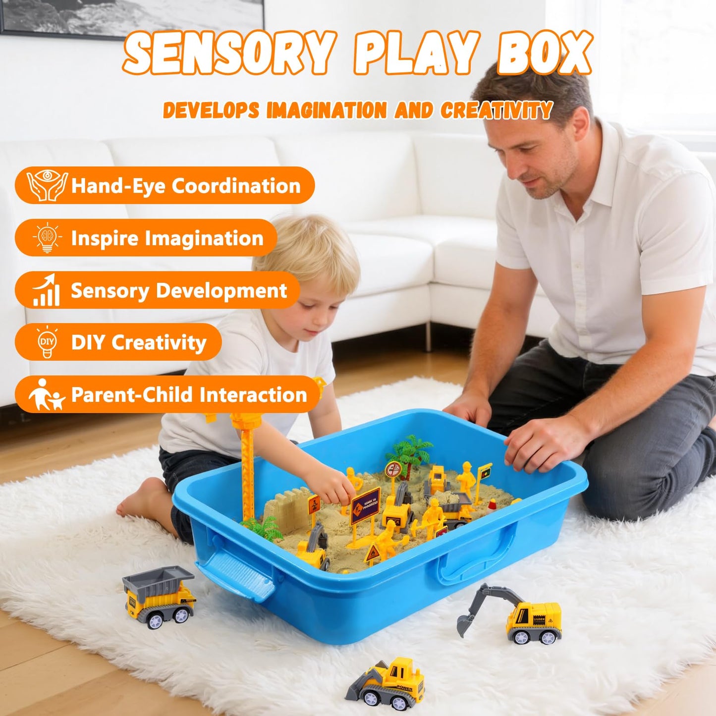 BlingCnsy Construction Sensory Bin with Lid, 2.2lbs Magic Sand & 5 Construction Trucks, Sensory Sand Kit Construction Toys for 3 4 5 6 7 8+ Year Old Boys Toddlers Christmas Birthday Gift