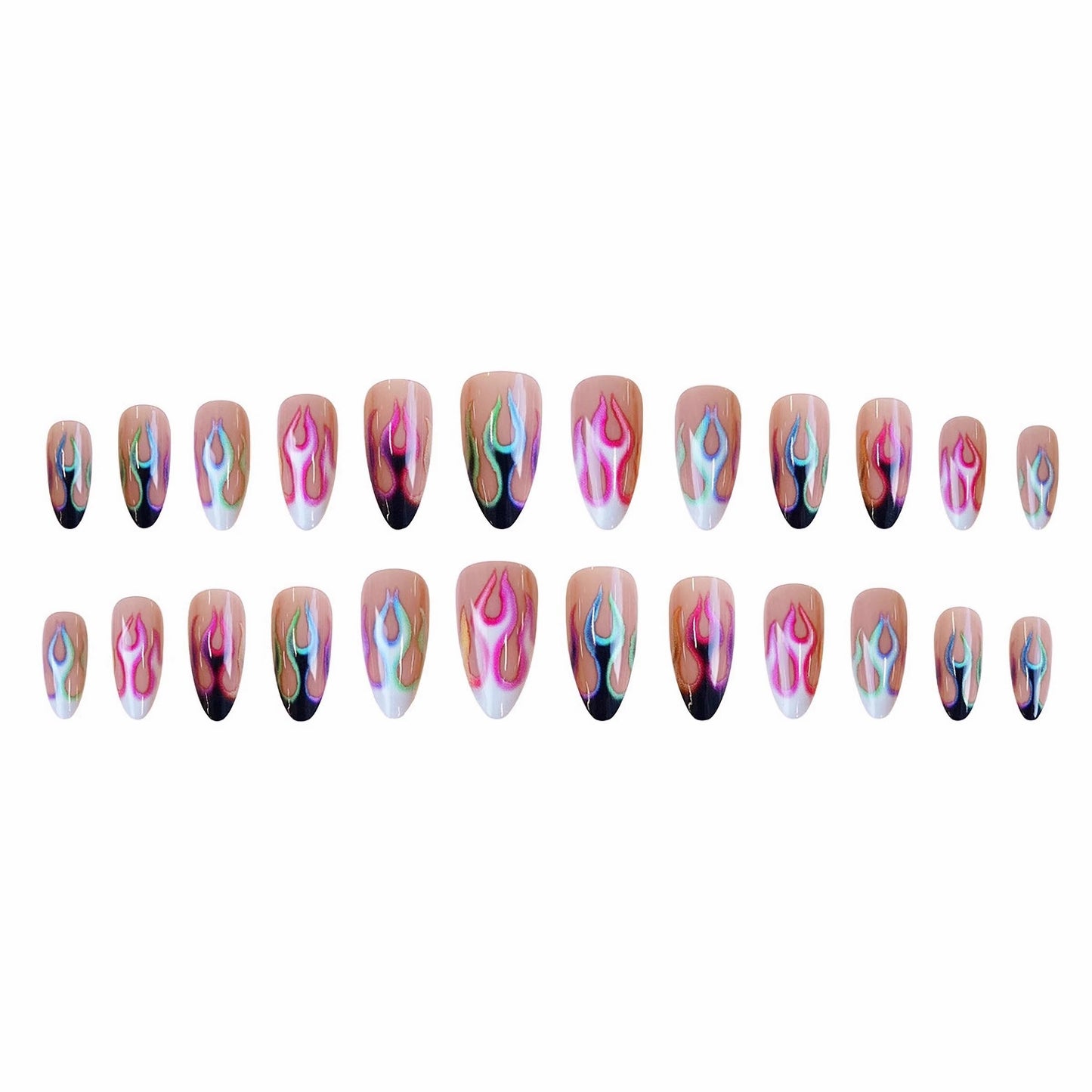 MERVF Almond Press on Nails Medium Fake Nails Colorful Flame French Tip Glue ons Fire Gyaru Goth Design Stiletto Acrylic False Nail for Women Glossy 24pcs