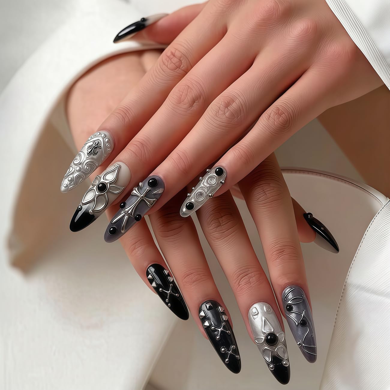 WZHAOJUN Handmade Press On Nails,Medium Black Gothic Presson Nails For Women,10pcs Abs Material Fake Nails With Design-Reusable Glue On Hand Made Nails For Party Wedding(10Pcs Size M)