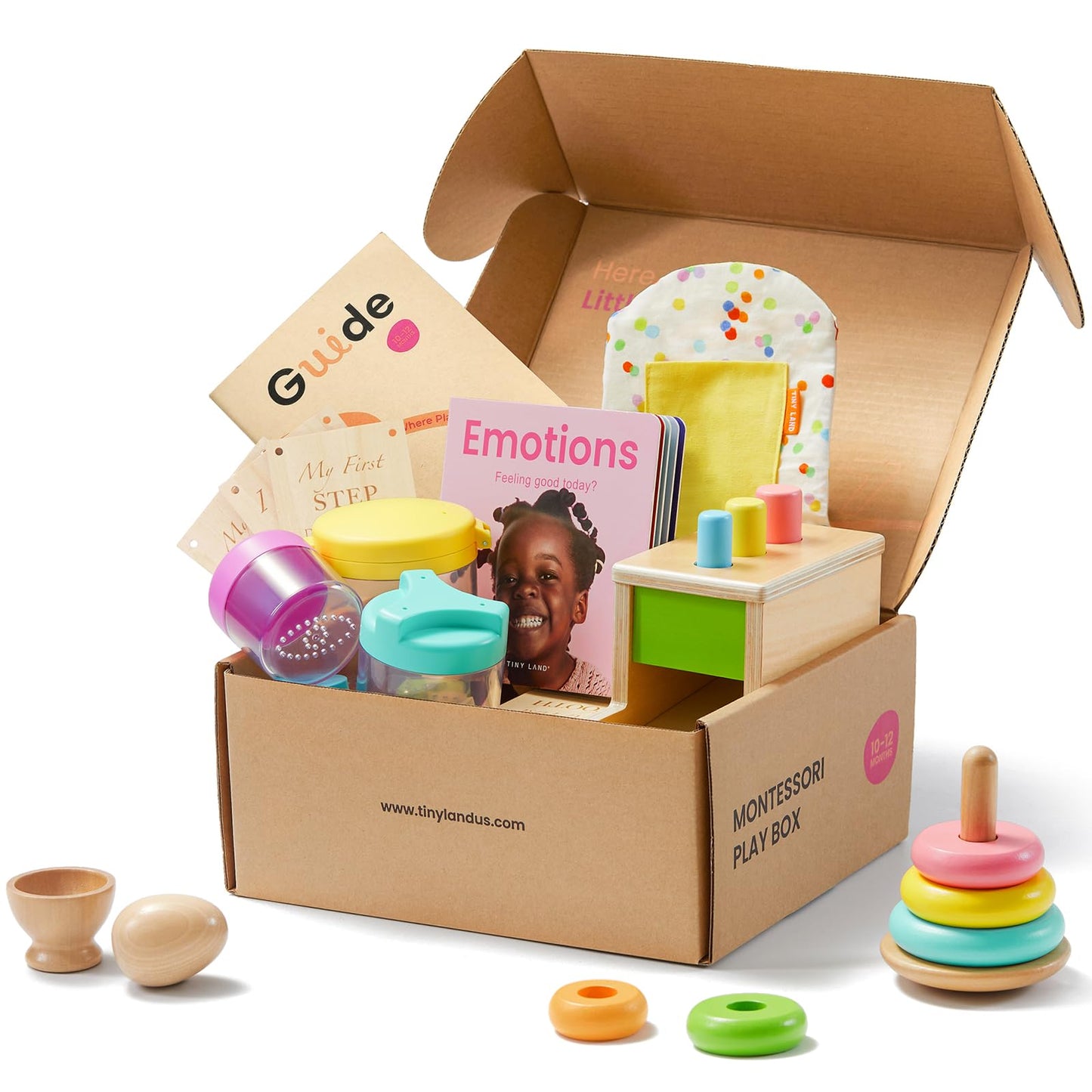 Tiny Land Montessori Toy Set for Babies 1 Year Old Thinker Play Kit- 5-in-1 Wooden Learning Toys with Peg Drop Box, Rocking Stacker, Egg Cup, Canister Set, and Crinkle Bag