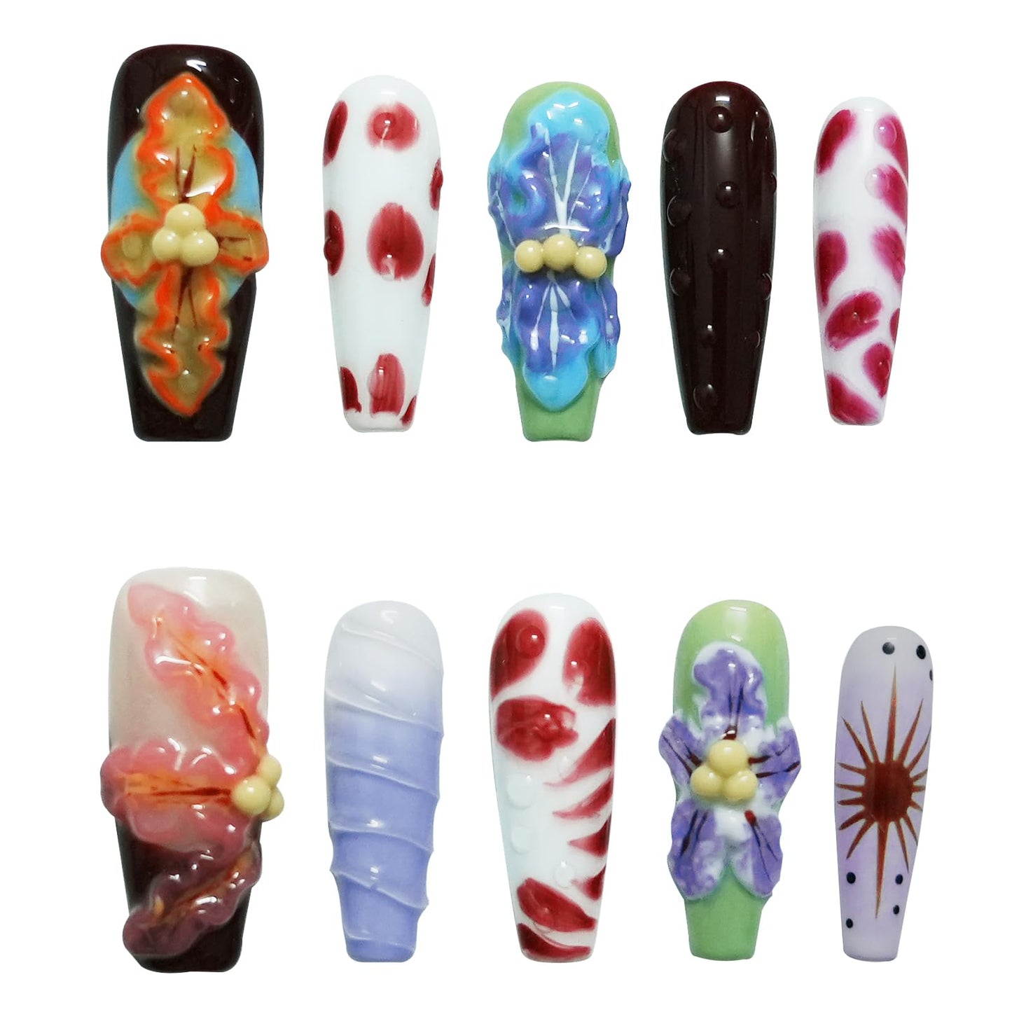 Tesytto Long Coffin Press On Nails with 3D Floral Design - Summer Multicolor Thick Luxury False Nails Reusable Acrylic Nails (Summer Stories,S)