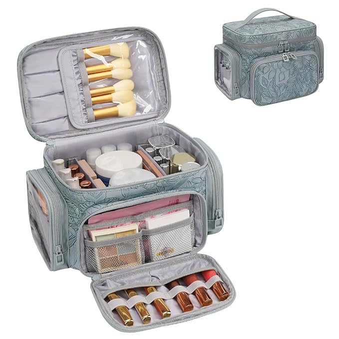 Large Makeup Bag, Portable Travel Makeup Bag Organizer for Women Girls with Makeup Brush Compartment & Two Side Pockets, Cosmetic Travel Bag Vertical Storage Toiletry - Floral Blue