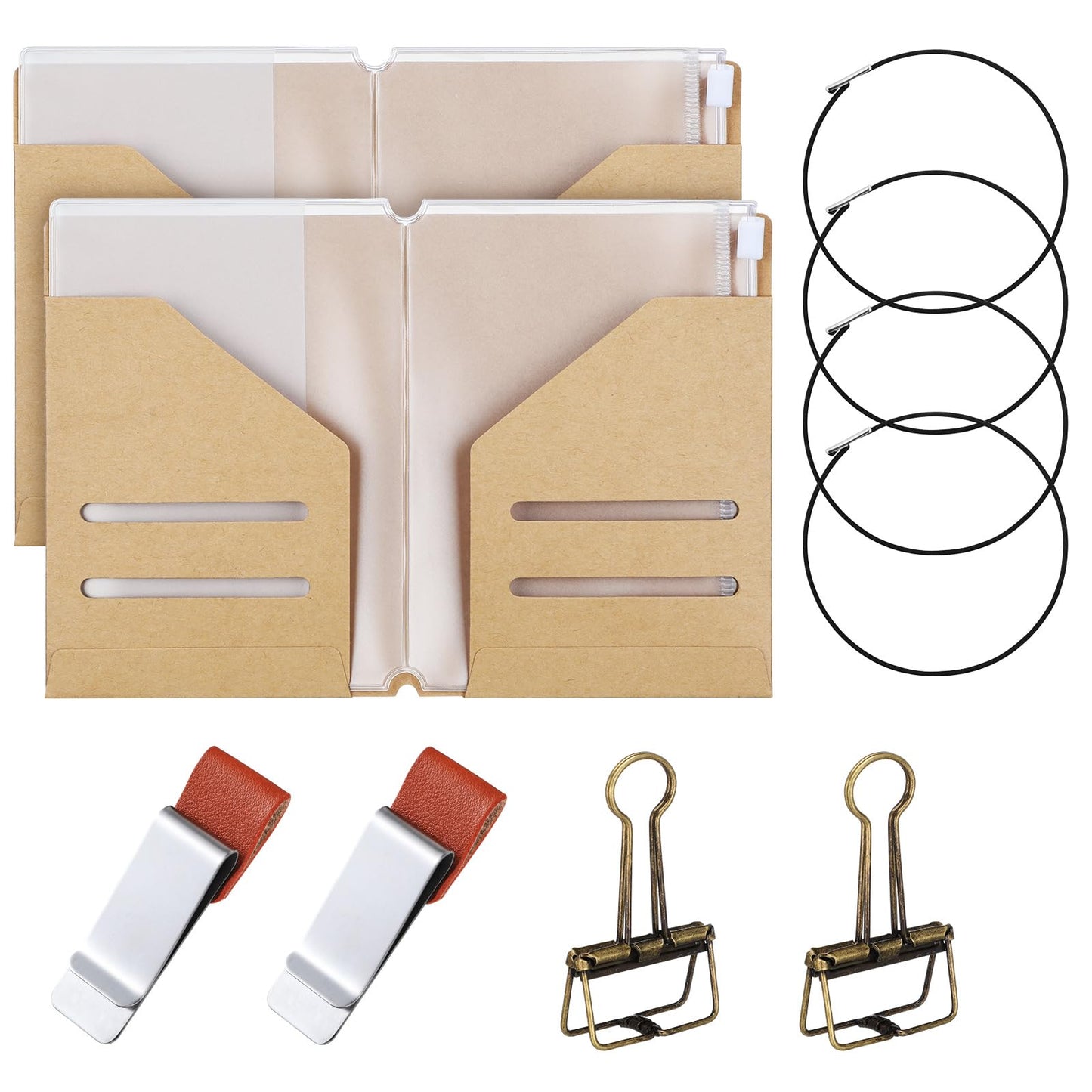 Travelers Journal Notebook Accessories Kit Include Travel Kraft File Folder, Zipper Case, Pen Holder, Binder Clip and Elastic Bands Travel Accessories Supplies(2 Pack,Passport Size)