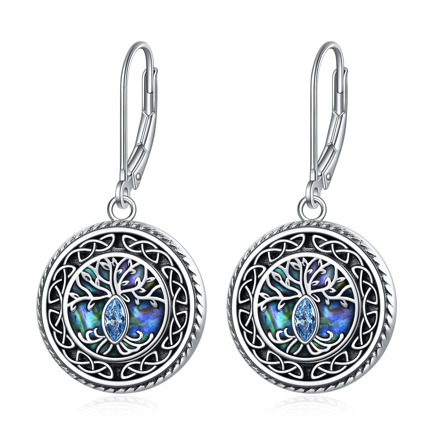 POPLYKE Tree of Life Earrings 925 Sterling Silver Leverback Earrings for Women Celtic Abalone Earrings Dangle
