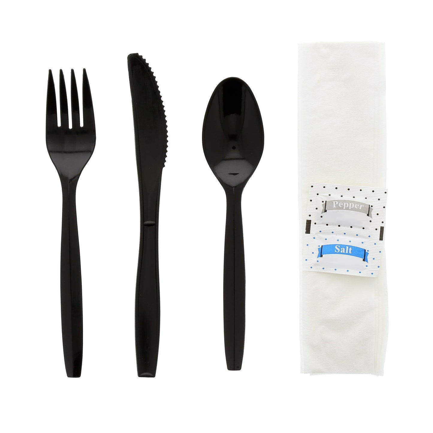 6 Piece Kit Black Medium Plus Weight Fork-Teaspoon-Knife-12" x 13" Napkin-S&P