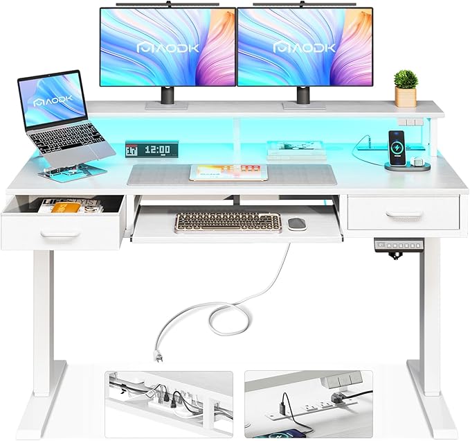 AODK Electric Standing Desk with Drawers & Keyboard Tray, 47 Inch Height Adjustable Small Gaming Desk with Power Outlets & LED Lights, Sit Stand Table with Monitor Stand for Home, Office, White
