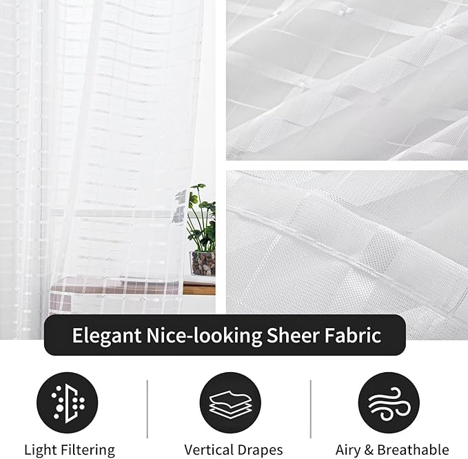 SpaceDresser Check Sheer Curtains 84 Inches Long for Living Room, Rod Pocket Plaid Semi Sheer Drapes for Kitchen Bedroom（White, 52W x 84L）