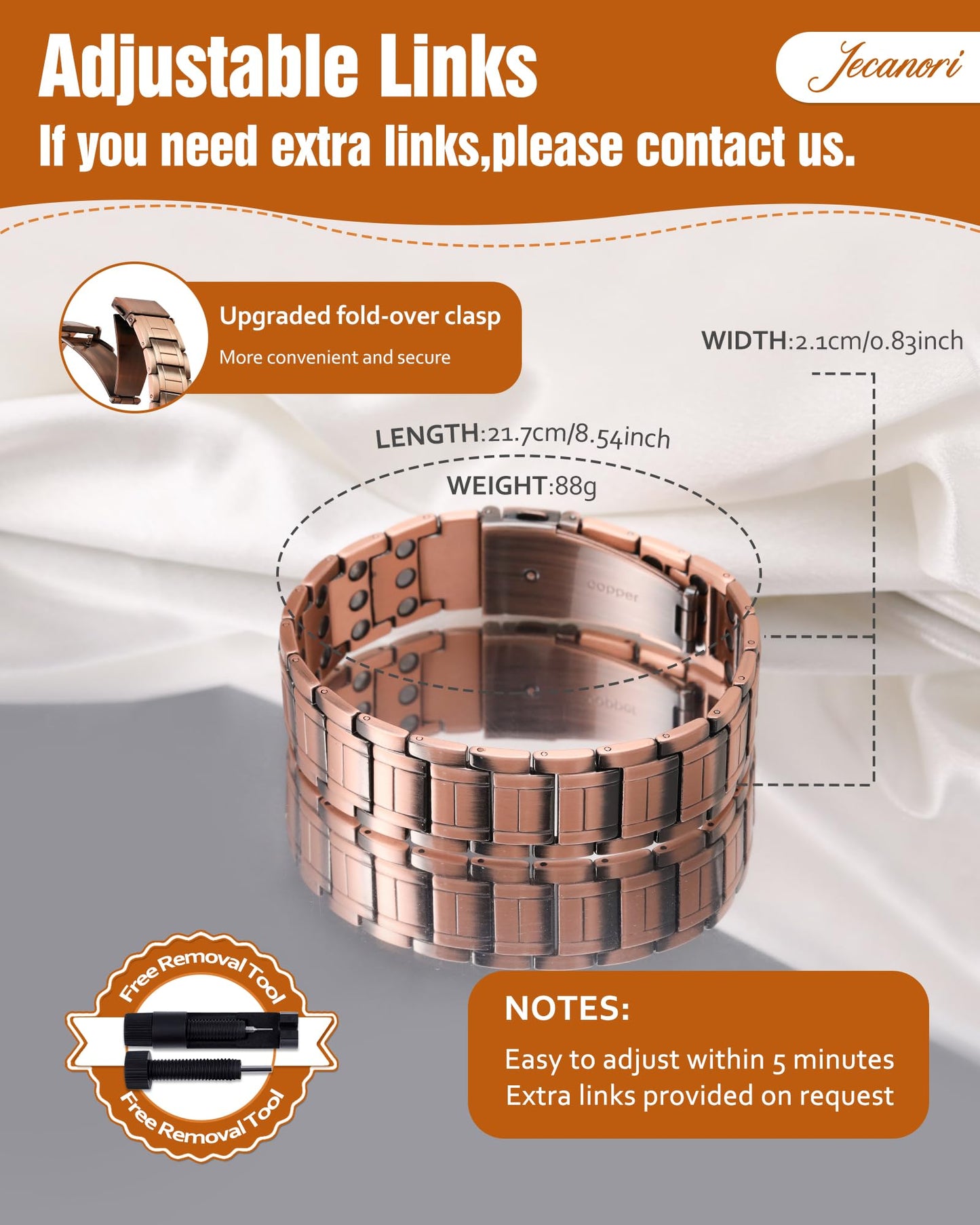 Jecanori 3X Strength Copper Bracelets for Men, Mens Pure Copper Magnetic Bracelet with Upgraded 3800 Gauss Magnets, Premium Fold-Over Clasp & Sizing Tool