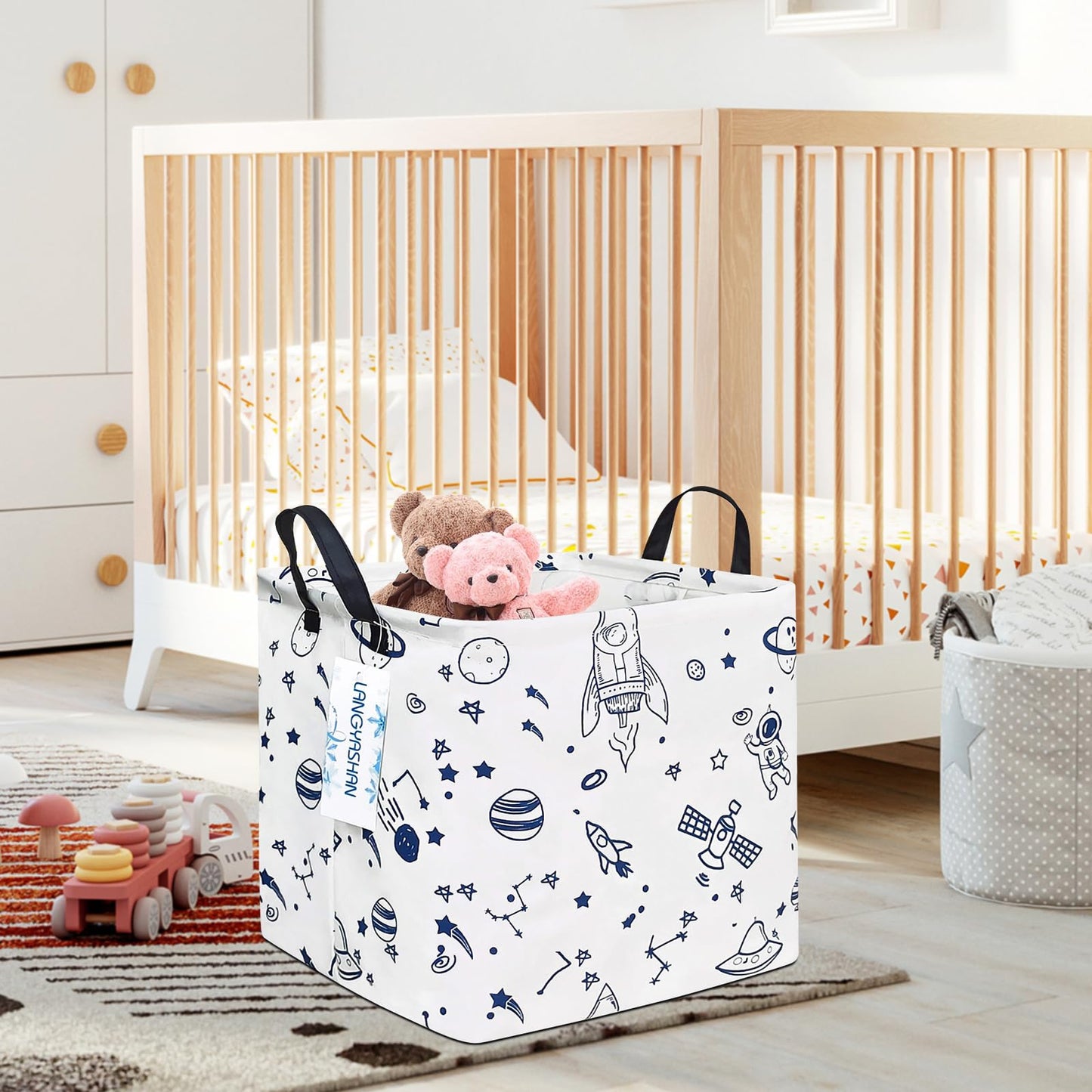 LANGYASHAN Square Storage Baskets Waterproof Canvas Children Laundry Nursery Hamper for Shelves Gift Baskets Toy Organizer Room Decor (Square spaceship)