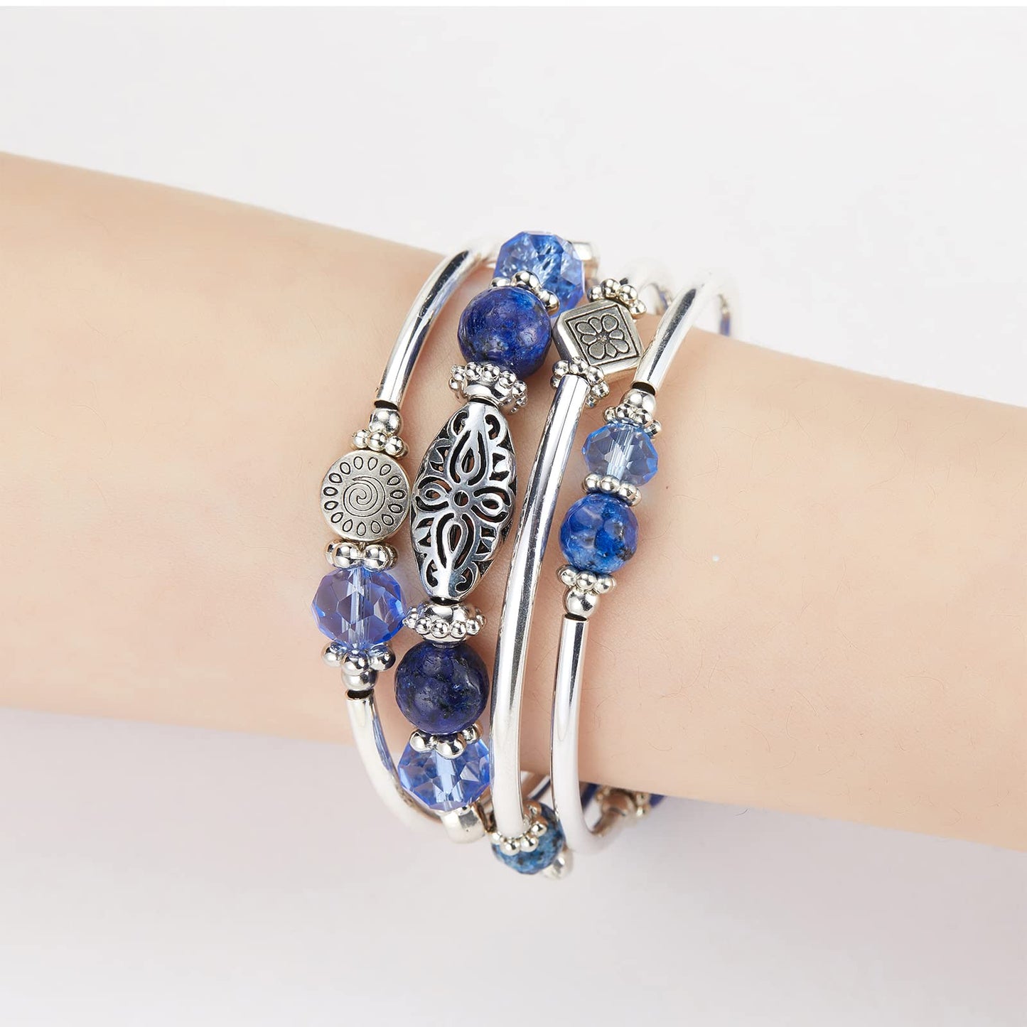 FULU AUTUMN Stackable Beaded Bracelets for Women Boho Wrap Silver Bracelet Layered Fashion Jewelry Gifts for Her(Sapphire)