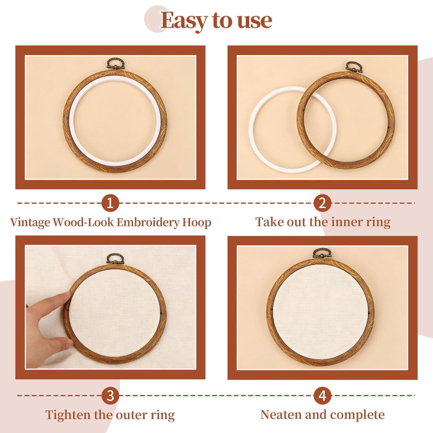 ZESHIHAOGUO 15 Pcs Round Embroidery Hoops - Rubber Ring Imitated Wood Frame Kits for Cross Stitch, DIY Craft, Sewing Projects Hanging Gifts (Brown, 4.4 Inch)