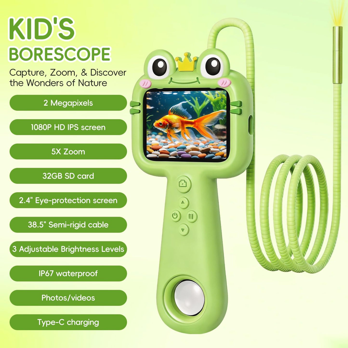 Kids Borescope Camera with Light & 32GB SD Card, STEM Science Educational Toy for 4 5 6 7 8 9 10 Years Old Boy Birthday Gift, Snake Scope Camera with 2.4" Screen for Outdoor Camping Nature Exploration
