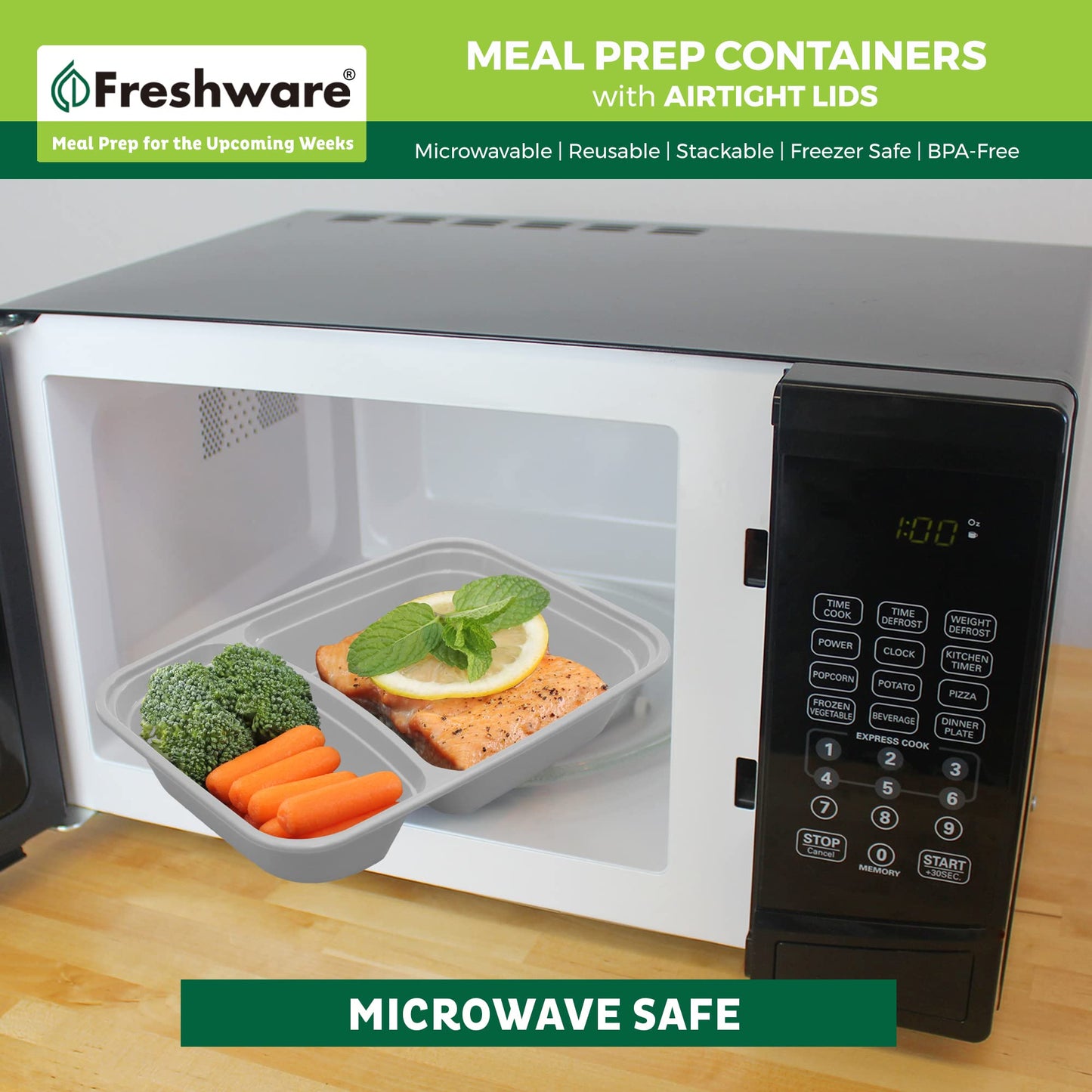 Freshware Meal Prep Containers [25 Pack] 2 Compartment with Lids, Food Storage Containers, Bento Box, BPA Free, Stackable, Microwave/Dishwasher/Freezer Safe (28 oz) Grey