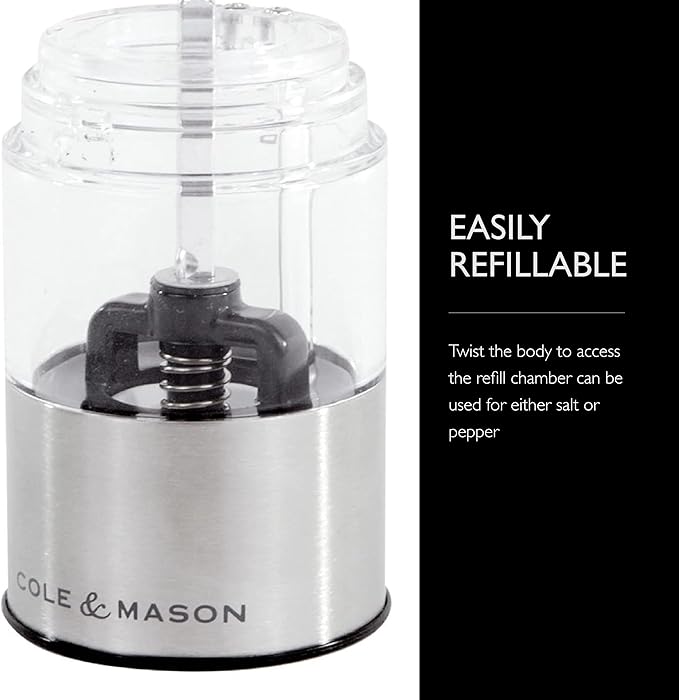 Cole & Mason Battersea Electronic Salt & Pepper Mill Gift Set - One-Button Electric Spice Grinder with Large Grinding Chamber - Adjustable Grind Knob - Electric Kitchen Tool - Stainless Steel