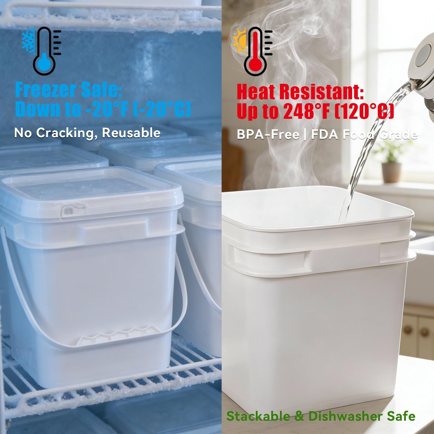 UMETASS Bucket with Lid - 4 Packs Square White Plastic Storage Containers, Food Safe with Handle, Airtight Pressure Lids for Kitchen & Home (White, 1 gal)