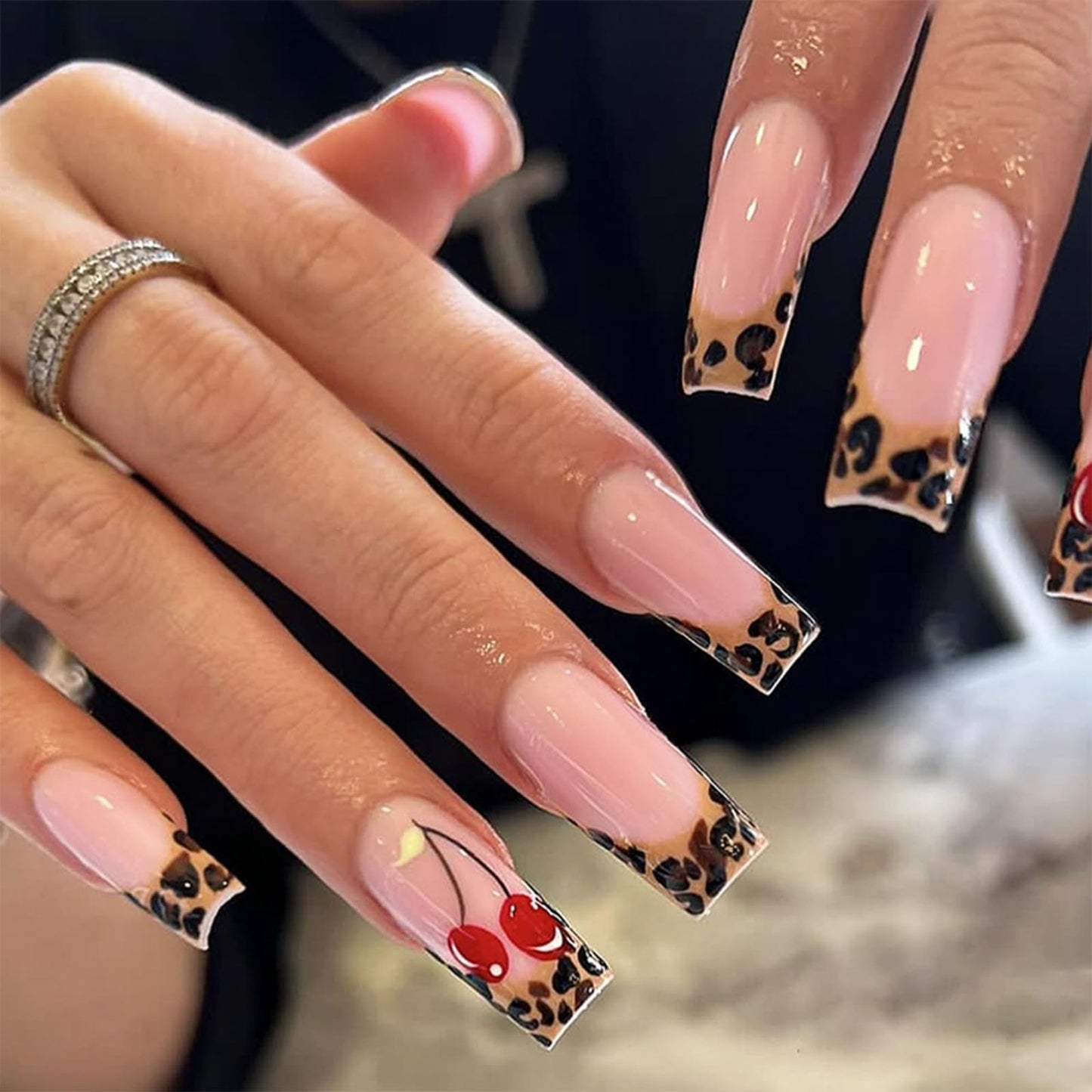 IMRAIN French Press on Nails Long Square Fake Nails Glossy Brown Leopard Print & Cherry Nails Press ons Gel Stick on Nails Full Cover Artificial False Nails for Women