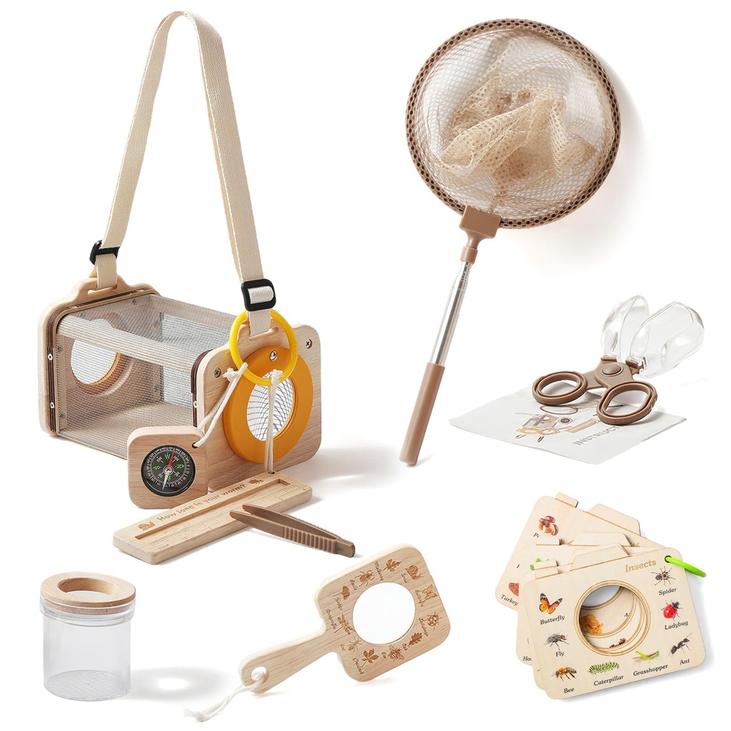 Wooden Bug Catcher Kit for Kids 3-8, 10PCS Durable Outdoor Explorer Kit with Magnifying Glass, Net & STEM Guide, Catch & Release Adventure Set for Backyard & Camping