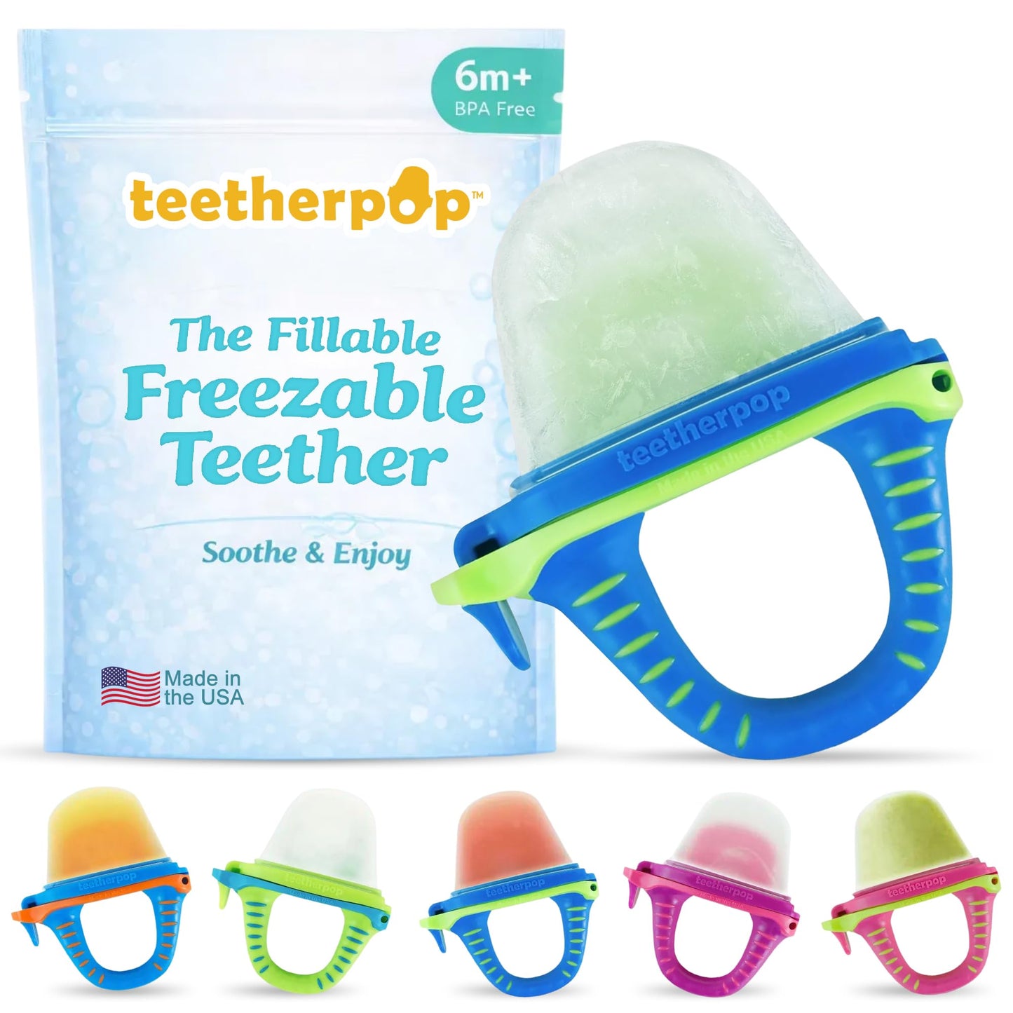 Teetherpop Fillable Freezable Teethers for Babies - Breastmilk Teether with Spill-Proof Sippy Slits – Teething Popsicle for Baby, Liquids & Purées, Cooling Teething Relief Feeder Pacifier - BlueLime