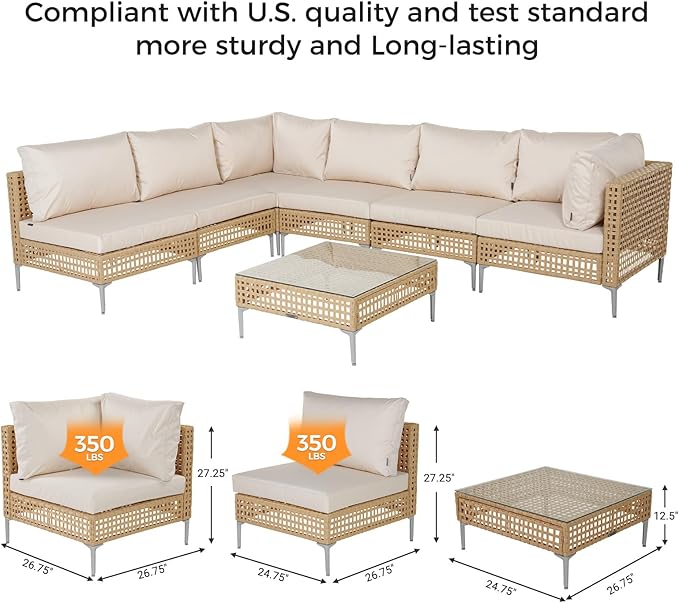 Grand patio 8-Piece Wicker Patio Furniture Set with Lift Top Coffee Storage Table, Outdoor Conversation Set Sectional Sofa with Water Resistant Thick Cushions, Cream