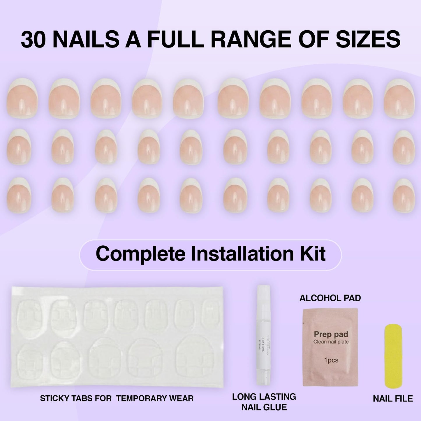 Rave Nailz Ivory French Tip Press On Nails (30 Count) - Short Oval Glossy Press On Nails with Subtle Elegance - Chip-Resistant Fake Nails with Glue, Includes File, Long-Lasting 2+ Weeks