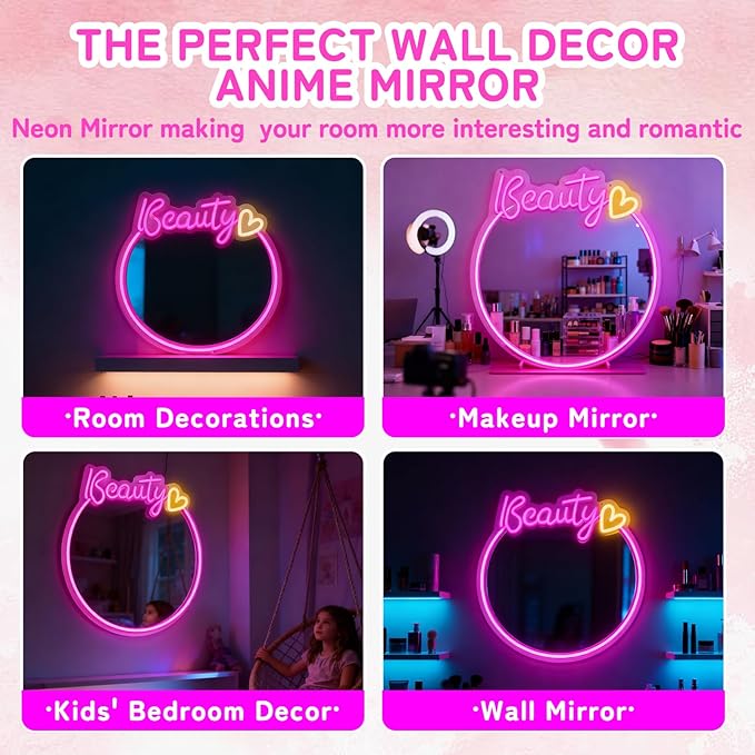 Pink Beauty Neon Sign Mirror, Dimmable Acrylic Circle Wall Decor with USB Power, Shatterproof Vanity Mirror for Girls Teens Room, Christmas Birthday Gift