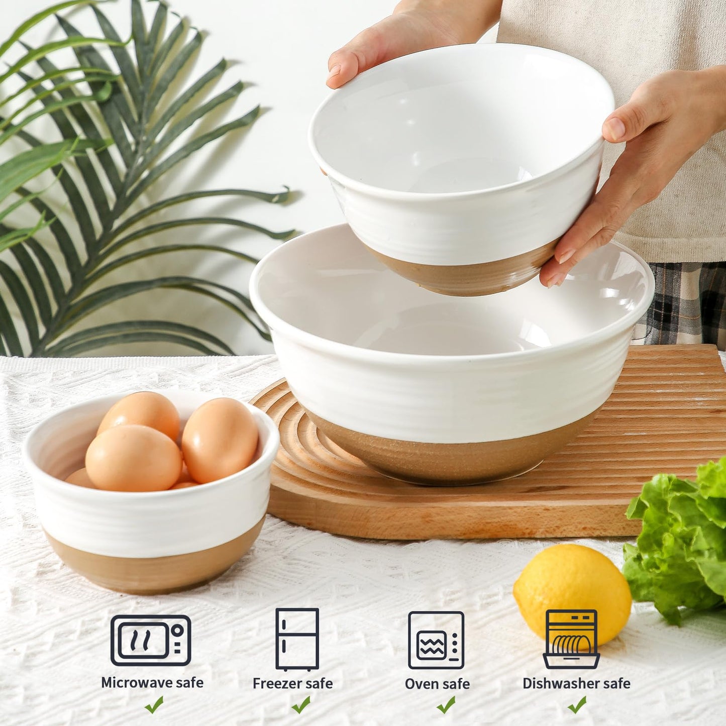 HASENSE Ceramic Mixing Bowls, Large Serving Salad Pasta Bowls Set, 2.1/1.0/0.5 Qt for Entertaining, White Nesting Batter Bowls for Prepping Baking, Dishwasher Microwave Safe, Set of 3