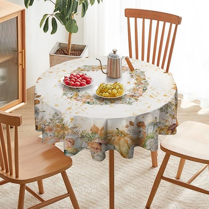 YCness Fall Tablecloth Thanksgiving Autumn Harvest Orange Watercolor Pumpkin Leaves Table Cover for Party Picnic Dinner Decor 36x36 Inch Round