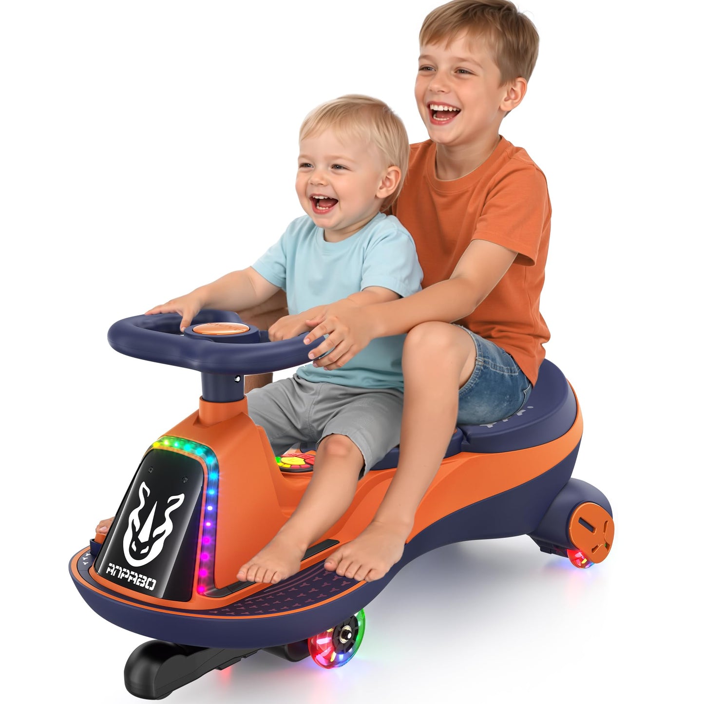 ANPABO 12V Electric Wiggle Car with Pedals, 2 Seater, 2x75W Motor, Music & Bluetooth, Ride On Toy for Kids Ages 3+, 170 Lbs, Orange