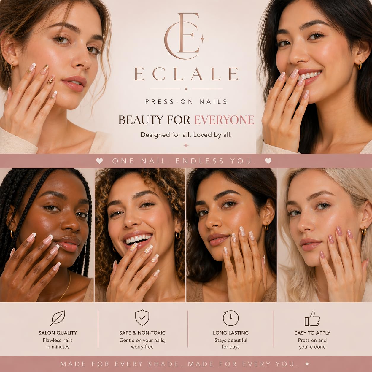 ECLALE Press on Nails Almond Shape, Rendering Painting Design 3D Sun & Star Design with Glittery Heart, Long Lasting, Safe Material Reusable Artificial Almond False Nails for Women 10PCS (S)