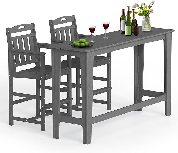 Ciokea 3 Pcs Outdoor Bar Height Table Set, 60" Extra Long Rectangle High Top Table and 2 Oversized Adirondack Chairs Set, Heavy-Duty All-Weather HDPE Patio Bar Set for Backyard Balcony Deck,Grey