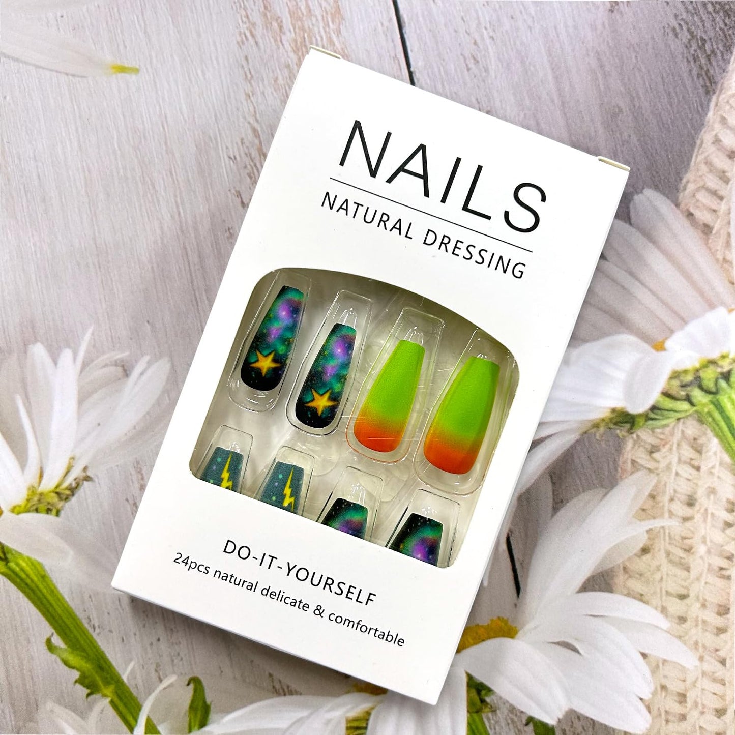 Gradient Press on Nails Long Length Ballet Shaped False Nails Clouds Lightning Pattern Design Acrylic Nails Colorful Smudge Press Nails Artificial Acrylic Nails Full Cover Stick on Nails for Women