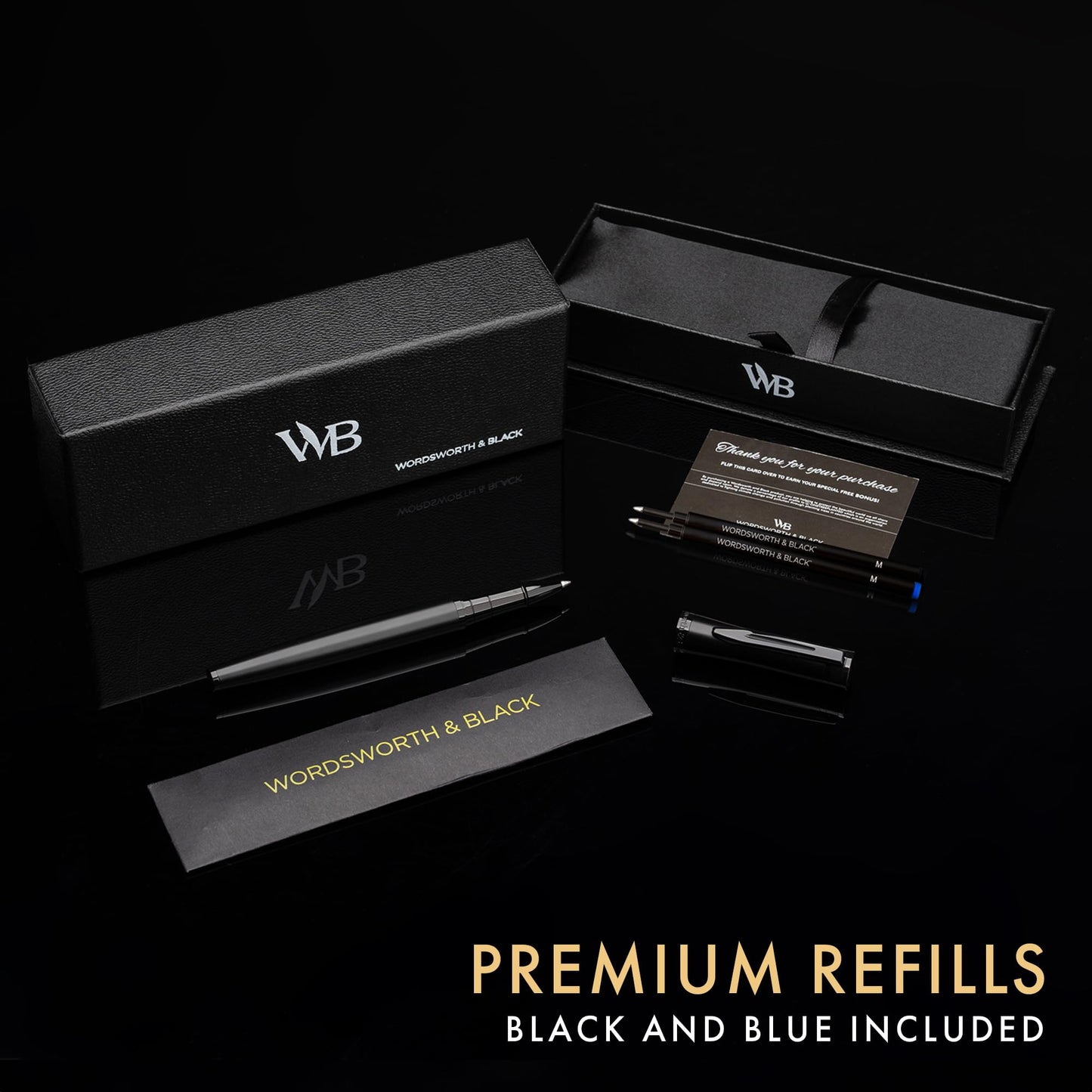 Wordsworth and Black Rollerball Pen - Luxury Pen - All Black Lacquer Finish, Ink Refill, Refillable Gift for Men & Women, Professional Writing, Nice and Fancy Pens and for Work