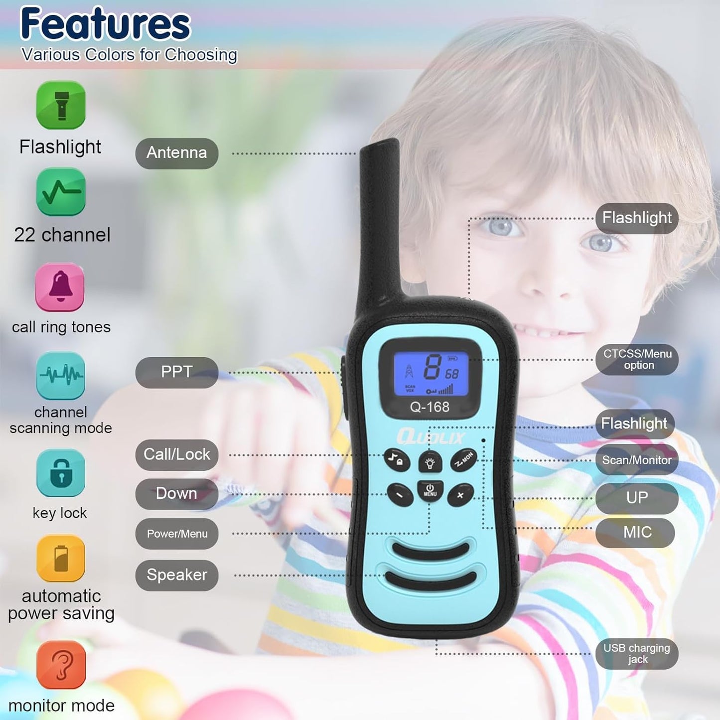 QUOLIX Walkie Talkies for Kids Rechargeable, Kids Walkie Talkie with Flashlight VOX Function, Great for Camping, Hiking, Outdoor Play, for Boys and Girls Ages 3 12. (2 Pack)