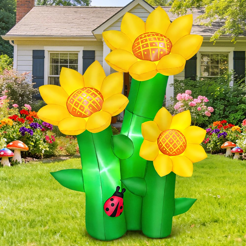 KOOY 6FT Spring Easter Inflatable Sunflowers Outdoor Decoration, Inflatable Sunflowers Blow Up Yard Decor Built-in LED Lights for Spring Summer Easter Yard Garden Lawn Party