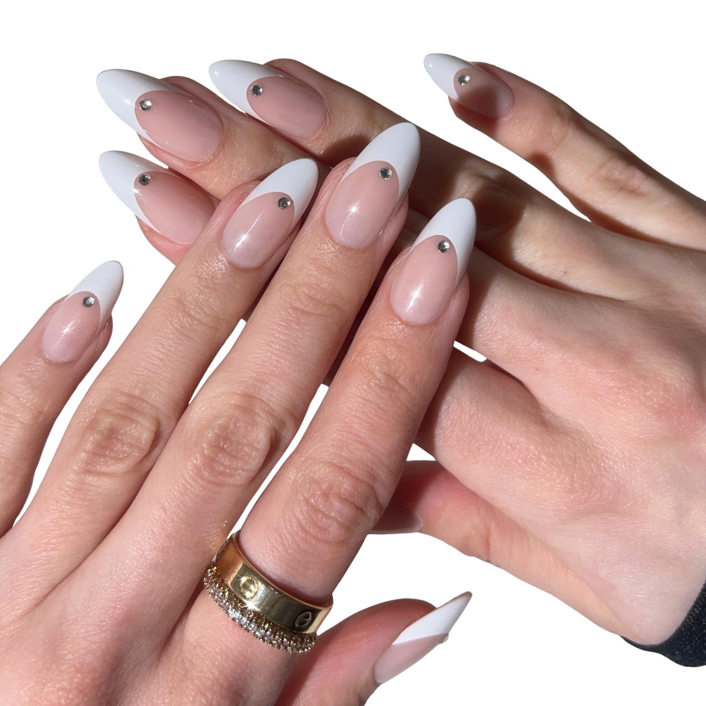 PaintLab Press On Nails - French Tip 3D Diamond Almond Fake Nails, 30 Nails in 15 Sizes with Glue, Reusable Salon Quality Press On Nails