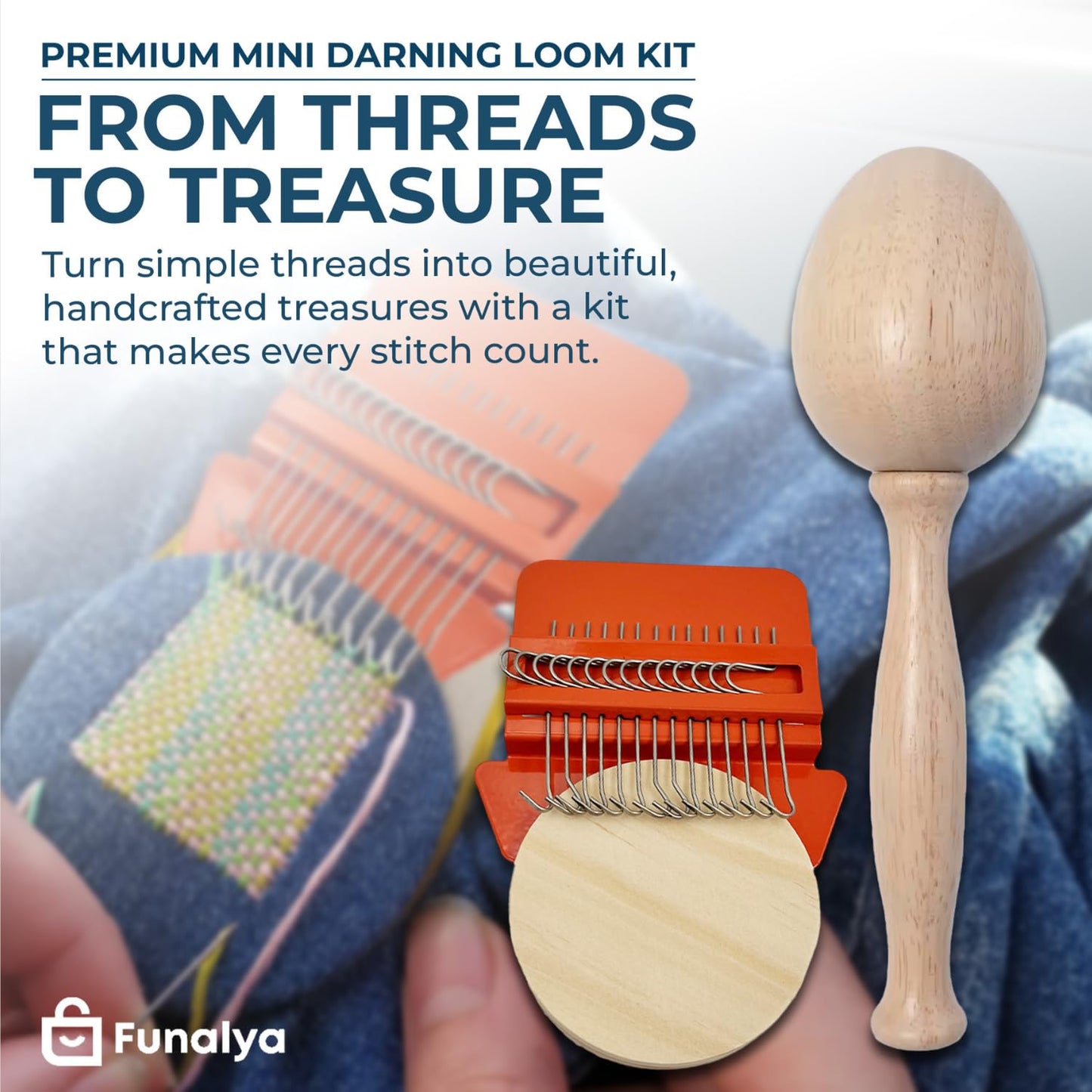 Funalya Mini Loom & Darning Kit with 14 Hooks, 10 Knitting Needles, 50 Colors Thread, DIY Sock Mending Tool, Complete Mini Loom & Darning Kit with Guide (Orange)