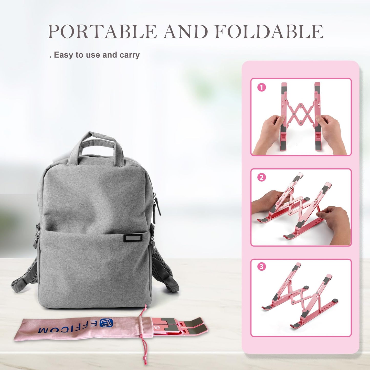 EFFICOM Laptop Stand for Desk, Ergonomic Lap Riser, Portable Laptop Stand, Aluminum Lightweight Foldable Notebook Support, Compatible with Laptop 10-15.6'' and Tablet, Phone (Pink)